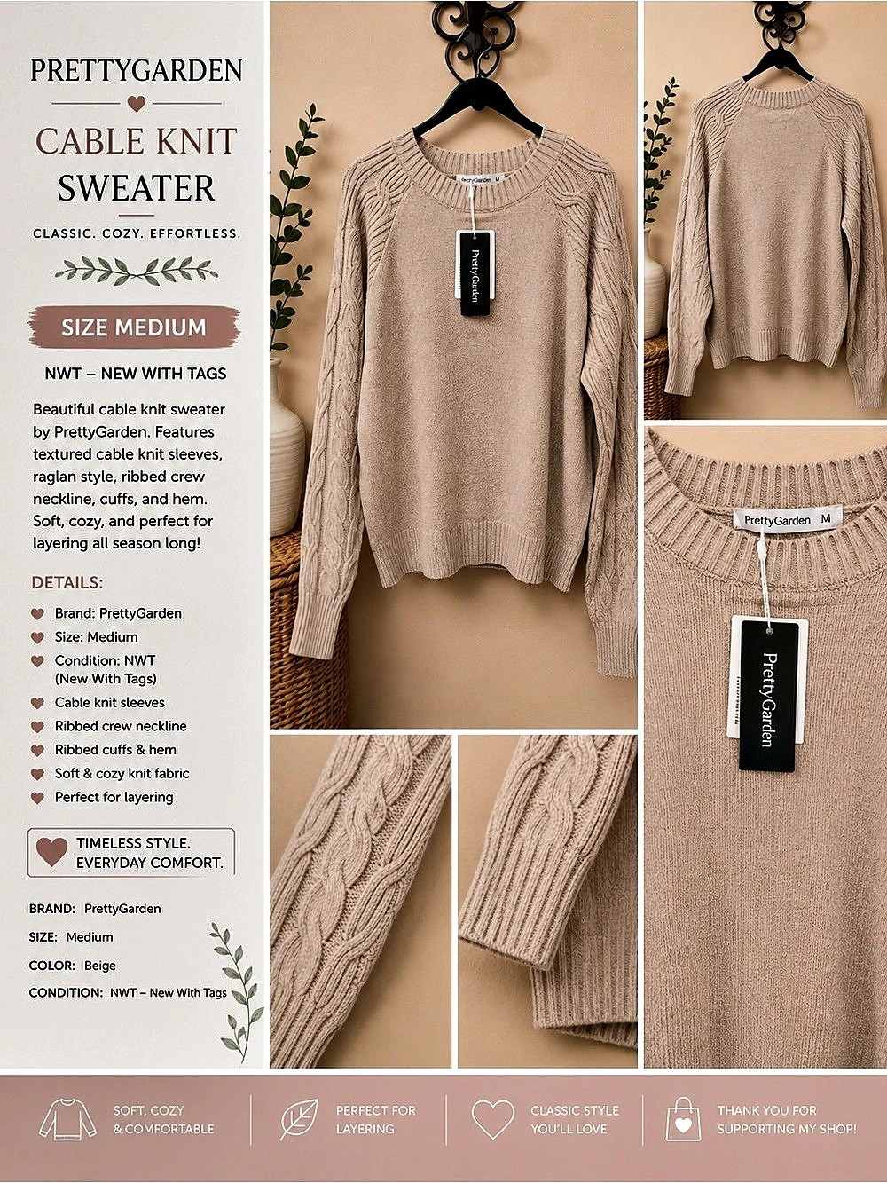 PrettyGarden Cable Knit Sweater Beige Medium NWT